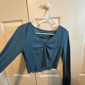Wild Fable Blue Ribbed Crop Blouse with Tie Front